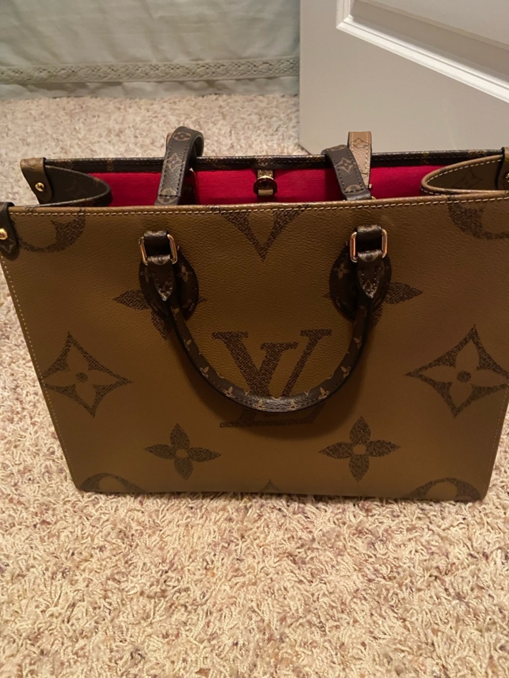 Designer Inspired Brown Monogram Tote with Red Interior - Picture 5 of 7